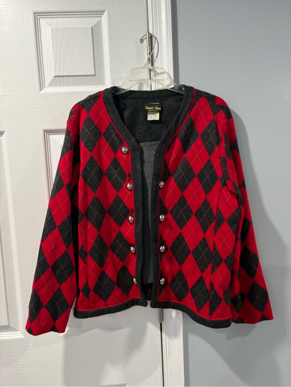 Vintage Stuart Alan Red & Black Argyle Cardigan Jacket